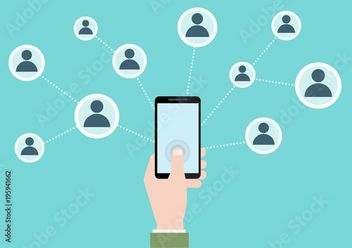 Vector illustration of customer network scheme, Hand hold mobile phone contains business people flat icons connected to each other.online concept