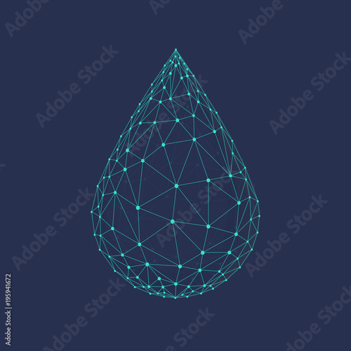 Water drop or oil drop icon made with blockchain technology network polygon isolated on dark blue background. Connection structure of droplet or raindrop. Low poly design.