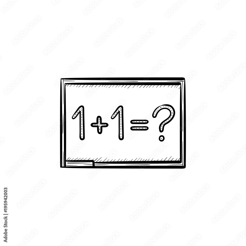 Blackboard with math task hand drawn outline doodle icon. One plus one equation on the blackboard vector sketch illustration for print, web, mobile and infographics isolated on white background. Blackboard with math task hand drawn outline doodle icon. One plus one equation on the blackboard vector sketch illustration for print, web, mobile and infographics isolated on white background.