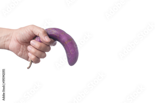 Hand holding old purple eggplant as a symbol of sexual dysfunction photo