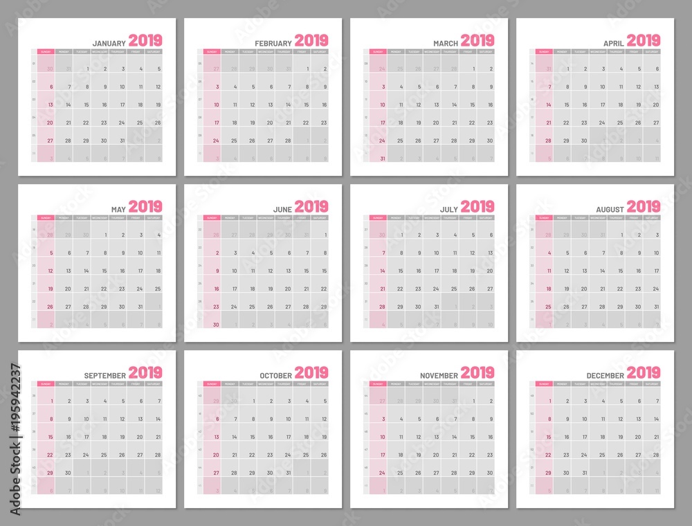 Set identical light calendars, 2019, months, flat. Diary for notes, scheduling, marks of important dates and events. Vector illustration of menologies collection Set identical light calendars, 2019, months, flat. Diary for notes, scheduling, marks of important dates and events. Vector illustration of menologies collection
