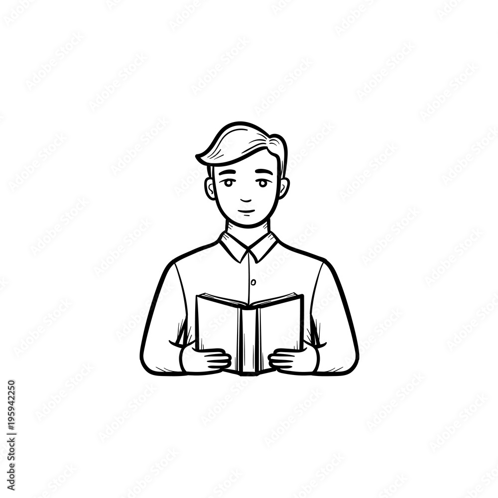 Student reading a book hand drawn outline doodle icon. Man with a book