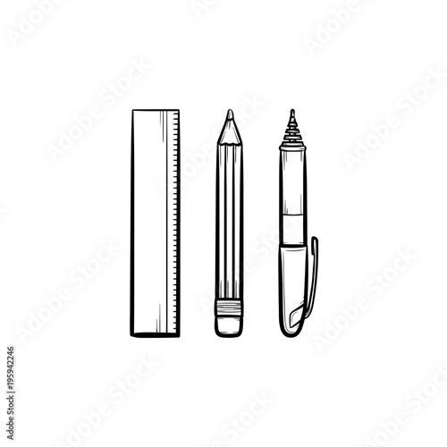 Stationery - ruler, pen and pencil hand drawn outline doodle icon. School supplies vector sketch illustration for print, web, mobile and infographics isolated on white background.