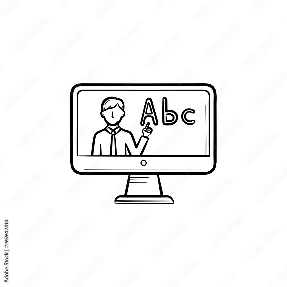 Online education hand drawn outline doodle icon. Teacher teaching study courses on a digital computer vector sketch illustration for print, web, mobile and infographics isolated on white background.