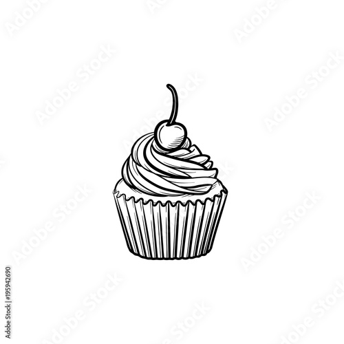 Cupcake hand drawn outline doodle icon. Vector sketch illustration of cupcake with berry for print, web, mobile and infographics isolated on white background.
