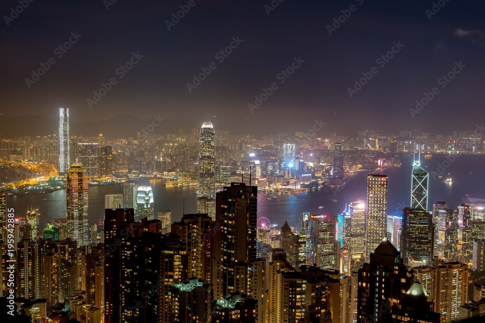 Hong Kong tower on sundown bird eye view from kowloon at victoria peak tower the famous view point of hongkong