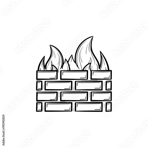 Firewall hand drawn outline doodle icon. Vector sketch illustration of brick wall and fire for print, web, mobile and infographics isolated on white background. Internet protection, antivirus concept.