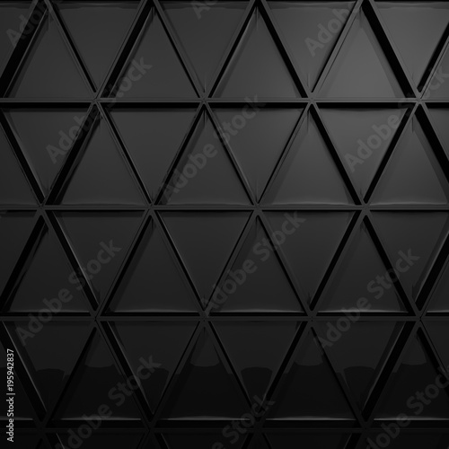 Pattern of black triangle prisms. Wall of prisms. Abstract background. 3D rendering illustration.