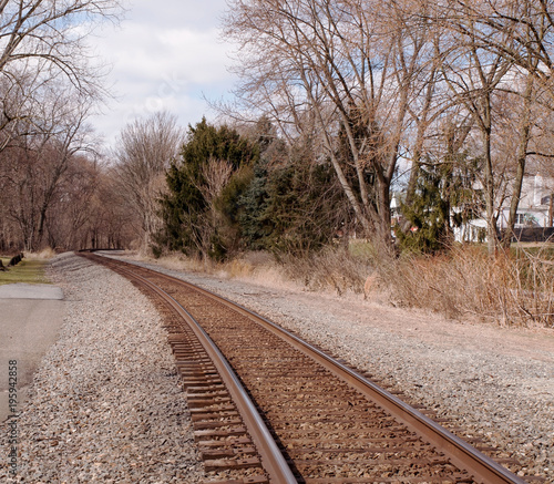 A set of train tracks through woods with bare trees