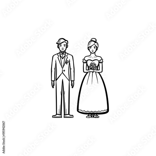 Bride and groom hand drawn outline doodle icon. Married couple vector sketch illustration for print, web, mobile and infographics isolated on white background.