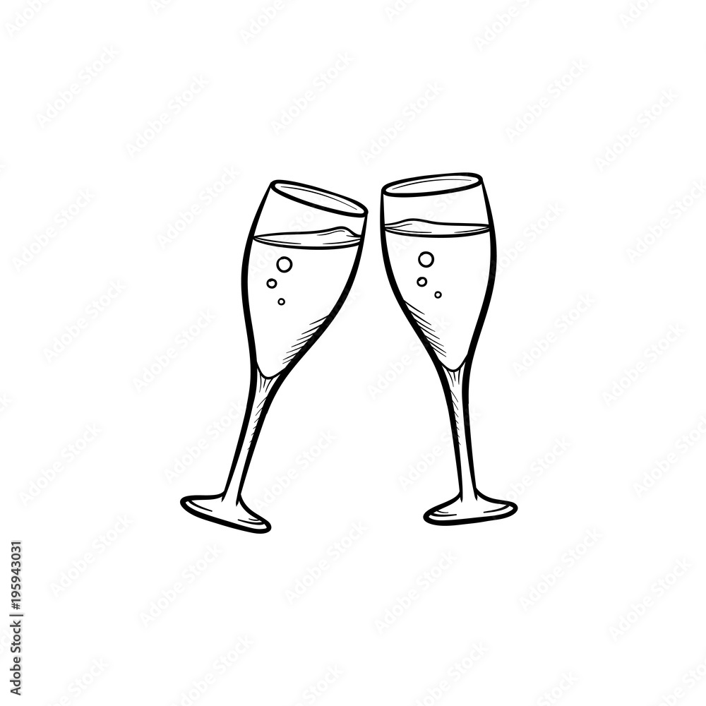 Vecteur Stock Champagne glasses hand drawn outline doodle icon. Two
