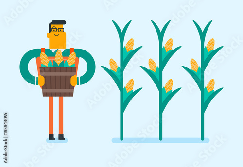 Young caucasian white farmer collecting corn crops in the field. Happy smiling farmer holding busket full of corn cobs. Vector cartoon illustration. Horizontal layout.