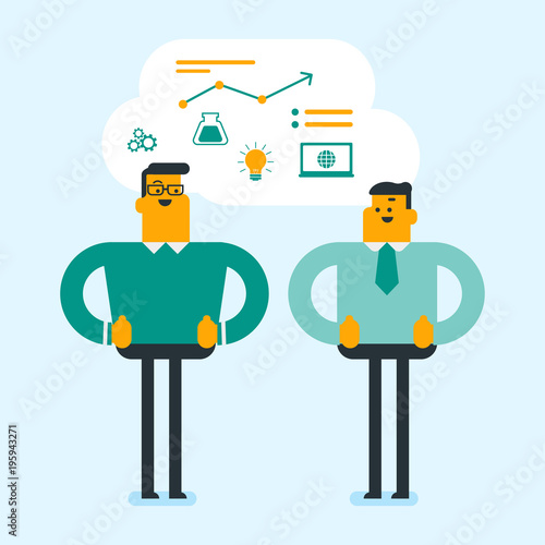 Two male caucasian students sharing with the ideas during brainstorming. Young happy students brainstorming. Concept of brainstorming in education. Vector cartoon illustration. Square layout. © Visual Generation