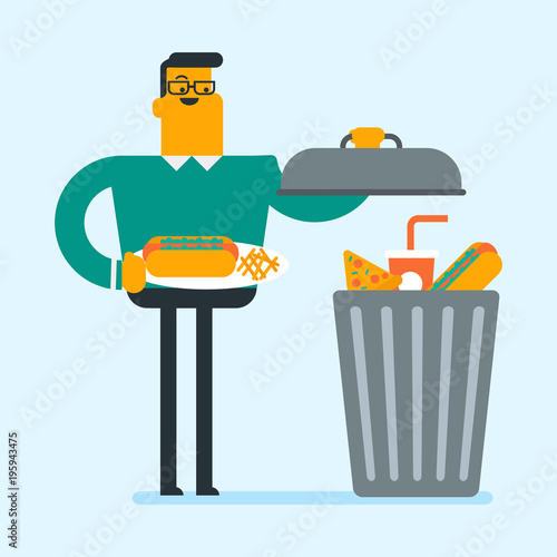 Caucasian man putting junk food into a trash can. Smiling man refusing to eat junk food. Young man rejecting junk food. Man throwing out junk food. Vector cartoon illustration. Square layout.