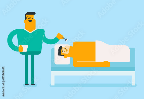 Caucasian white csmetologist applying facial cosmetic mask on face of a young male client in beauty salon. Spa treatment and skin care concept. Vector cartoon illustration. Horizontal layout.