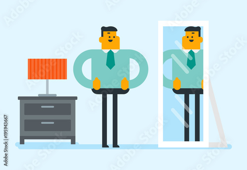 Cheerful caucasian white businessman looking at himself in the mirror and giving thumbs up. Happy man checking his appearance in front of the mirror. Vector cartoon illustration. Horizontal layout.