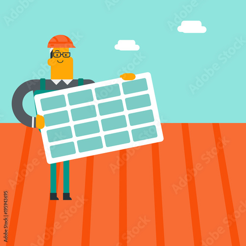 Young caucasian white engineer installing solar panel on the roof. Engineer in hard hat adjusting solar panel. Construction and renewable energy concept. Vector cartoon illustration. Square layout.