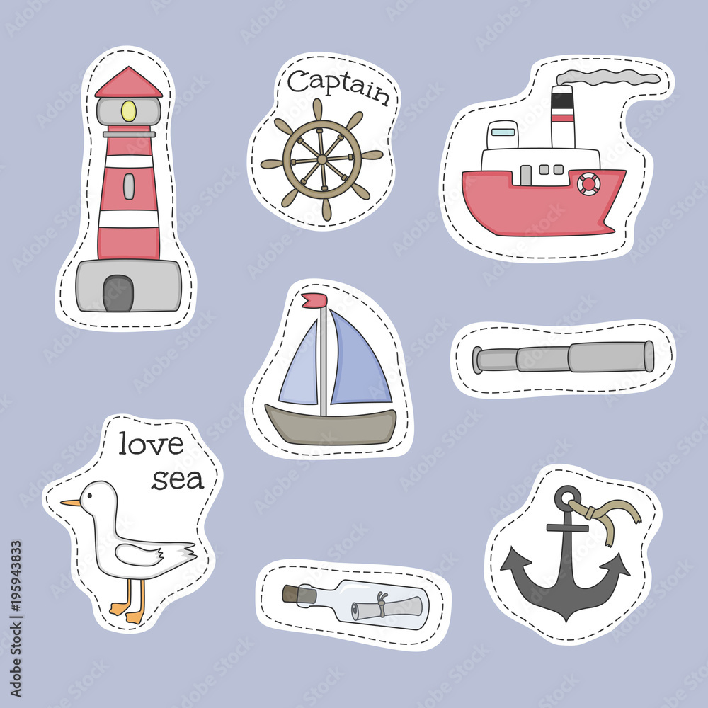 Set of Nautical cartoon stickers. Vector hand drawn objects and symbols ...