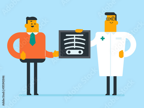 Caucasian white roentgenologist doctor in a medical gown examining a skeleton radiograph and showing it to a young patient in the doctor office. Vector cartoon illustration. Horizontal layout.