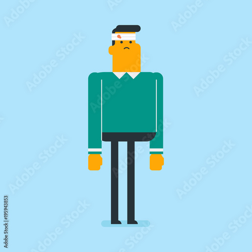 Upset caucasian white man with bandage around his head. Full length of a young sad man with injured head. Vector cartoon illustration. Square layout.