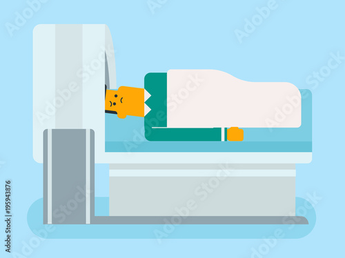 Frightened caucasian white man undergoes a magnetic resonance imaging scan test