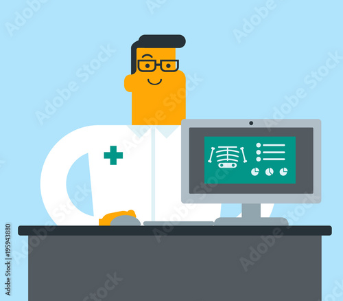 Young caucasian white radiologist doctor in a medical gown examining a skeleton radiograph. Medic looking at a chest radiograph on a computer screen. Vector cartoon illustration. Square layout.