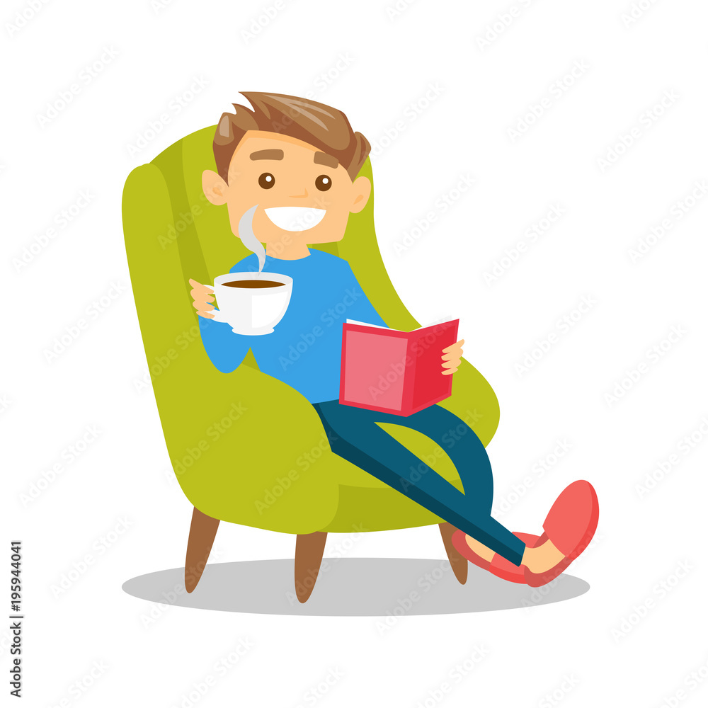 Caucasian white man relaxing with a book on the armchair. Young clever  student drinking coffee and reading a novel at home. Vector cartoon  illustration isolated on white background. Square layout. Stock Vector |