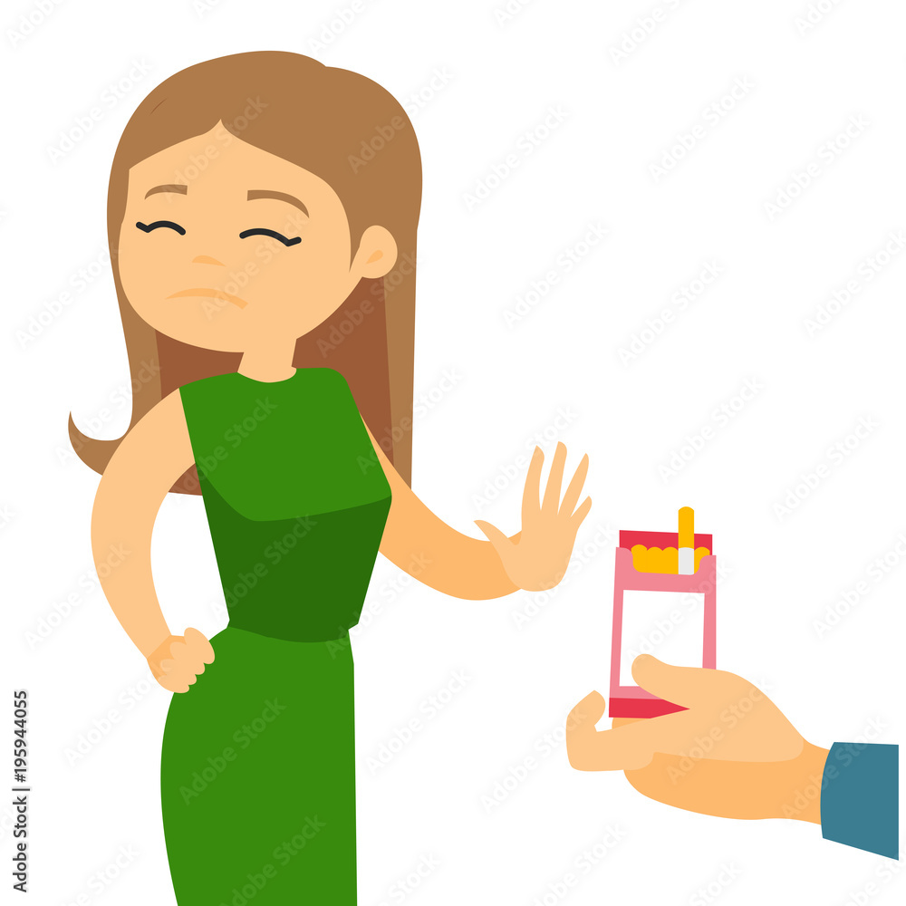 Young caucasian white woman refusing to take a cigarette from a pack of  cigarettes. Quit smoking and healthy lifestyle concept. Vector cartoon  illustration isolated on white background. Square layout. Stock Vector |