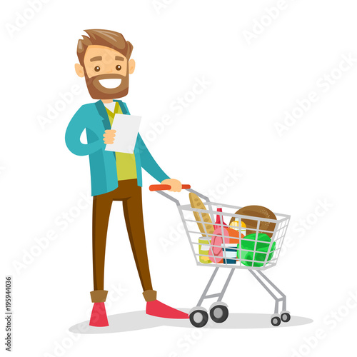 Young caucasian white man standing next to the shopping carrt with products and checking a shopping list in the grocery shop. Vector cartoon illustration isolated on white background. Square layout.