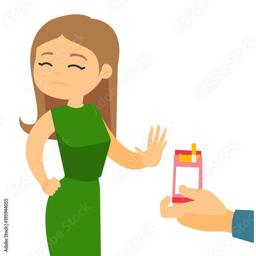 Young caucasian white woman refusing to take a cigarette from a pack of cigarettes. Quit smoking and healthy lifestyle concept. Vector cartoon illustration isolated on white background. Square layout.