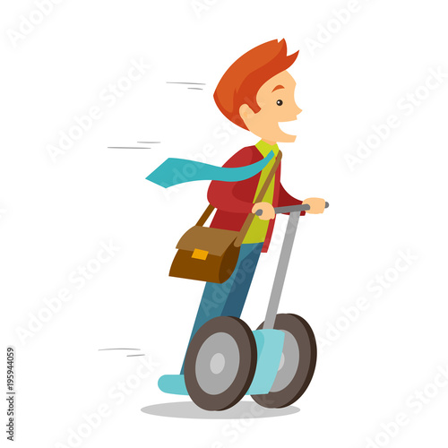 Young caucasian white businessman in a suit riding to work on self balancing electric scooter. Man standing on alternative transport vehicle. Vector cartoon illustration isolated on white background.