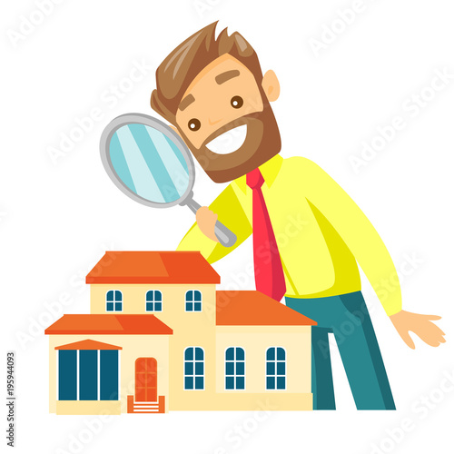 Young caucasian white businessman using a magnifying glass for looking for a new house. Man using a magnifier to check a house. Vector cartoon illustration isolated on white background. Square layout.