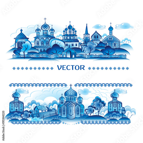 Blue vector in Russian traditional style. Village. Icon