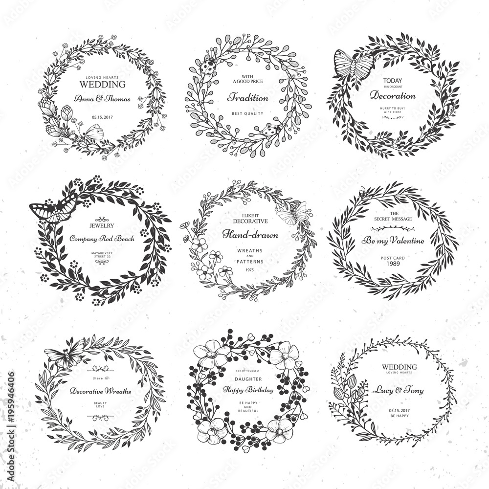 Set of wreath isolated on white background. Vector template with flourishes ornament elements.