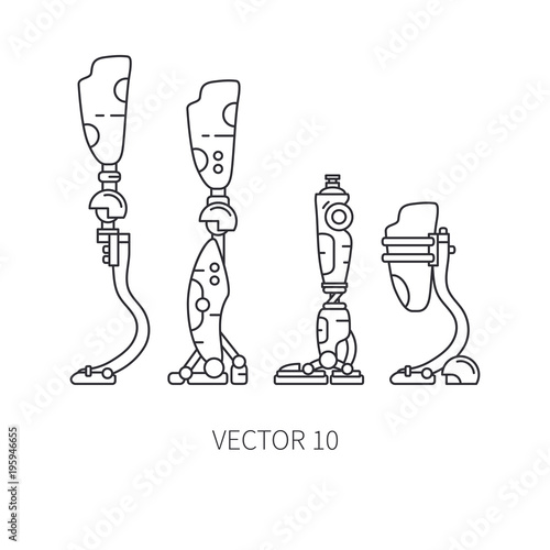 Bionic robot leg prosthesis line icon set. Bionic prosthesis limb. Biotechnology futuristic medicine. Future technology. Medical artificial mechanical robot implant sign and symbol. Transplantation.