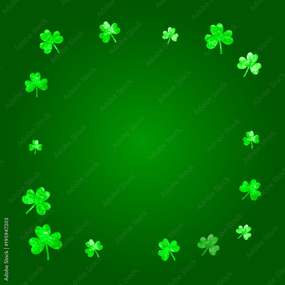 Saint patricks day background with shamrock. Lucky trefoil confetti. Glitter frame of clover leaves. Template for gift coupons, vouchers, ads, events. Festive saint patricks day backdrop. Saint patricks day background with shamrock. Lucky trefoil confetti. Glitter frame of clover leaves. Template for gift coupons, vouchers, ads, events. Festive saint patricks day backdrop.