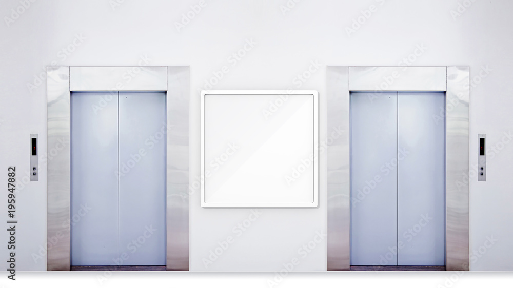 Blank vertical billboard or poster in the elevator hall. 3D illustration of advertising surface. Blank vertical billboard or poster in the elevator hall. 3D illustration of advertising surface.