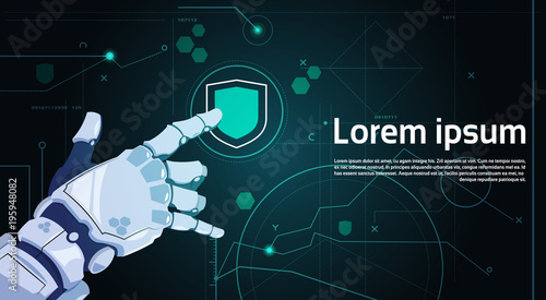 Robotic Hand Touch Shield Button On Digital Screen Data Protection Concept Banner With Copy Space Flat Vector Illustration