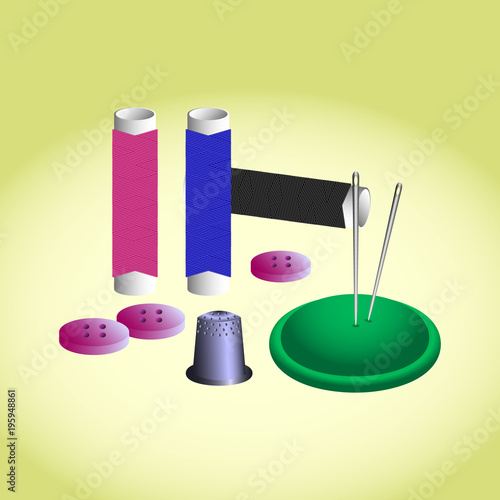 sewing accessories ( threads, needles, buttons,pincushion for needles, thimble )