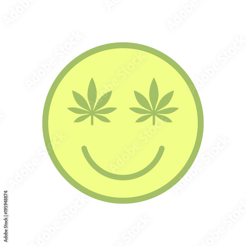 Marijuana smiley Face. Cannabis smile. Smiling face made of weed leaves. Drug consumption, marijuana use. Marijuana Legalization. Medical cannabis. Health and Medical therapy. Isolated vector illustra
