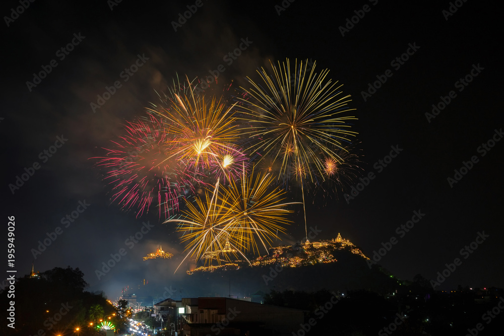 Landscape Scene of multicolor Fireworks annual festival over the Phra Nakhon Khiri (Khao Wang) which is ancient one of the landmark in Phetchaburi Province Thailand. Celebration concept