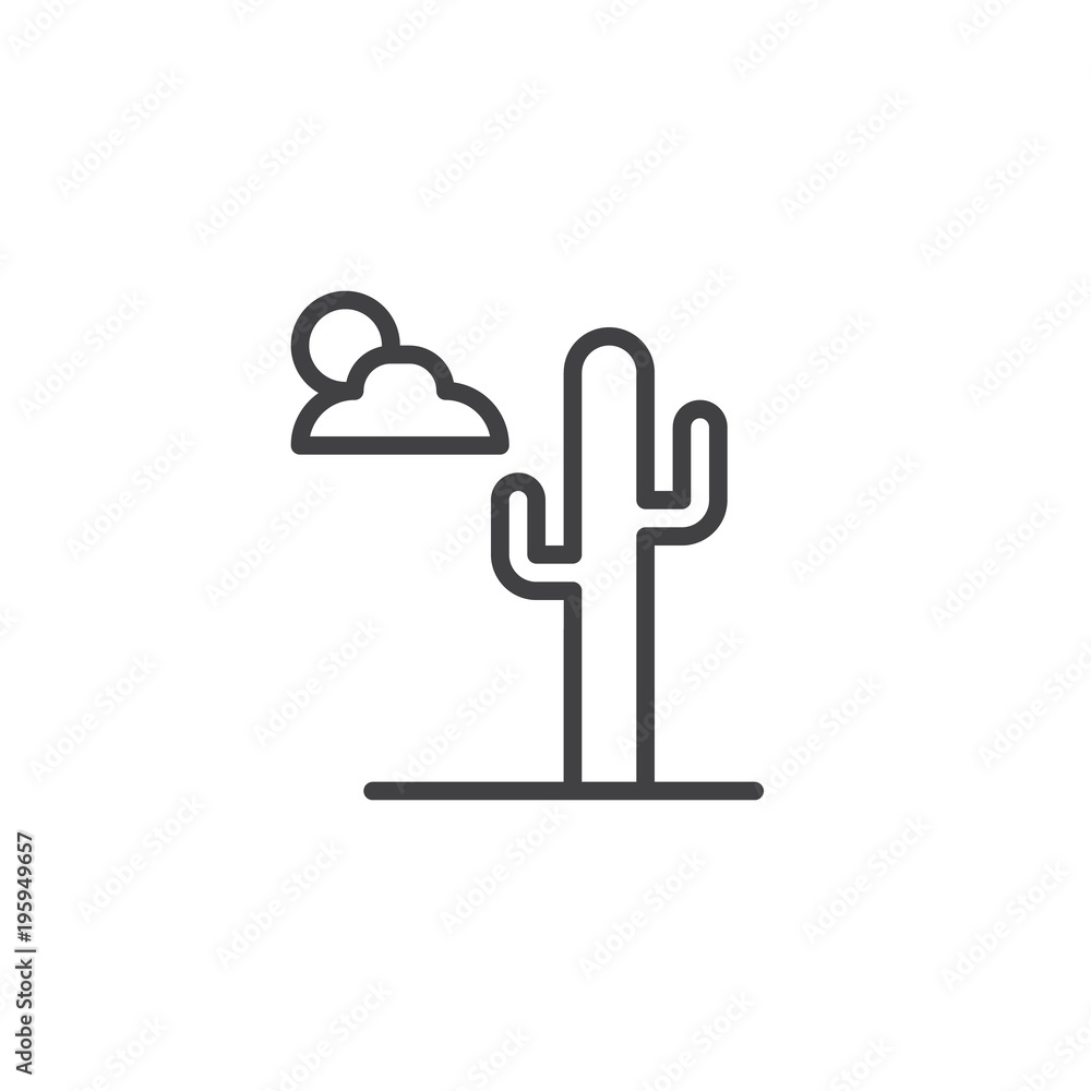 Desert landscape outline icon. linear style sign for mobile concept and web design. Cactus, clouds and sun simple line vector icon. Symbol, logo illustration. Pixel perfect vector graphics Desert landscape outline icon. linear style sign for mobile concept and web design. Cactus, clouds and sun simple line vector icon. Symbol, logo illustration. Pixel perfect vector graphics