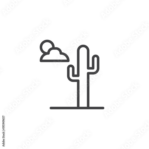 Desert landscape outline icon. linear style sign for mobile concept and web design. Cactus, clouds and sun simple line vector icon. Symbol, logo illustration. Pixel perfect vector graphics