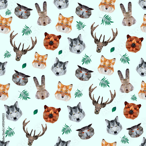 Seamless background with animals and plants in style Poly low  © daudau992