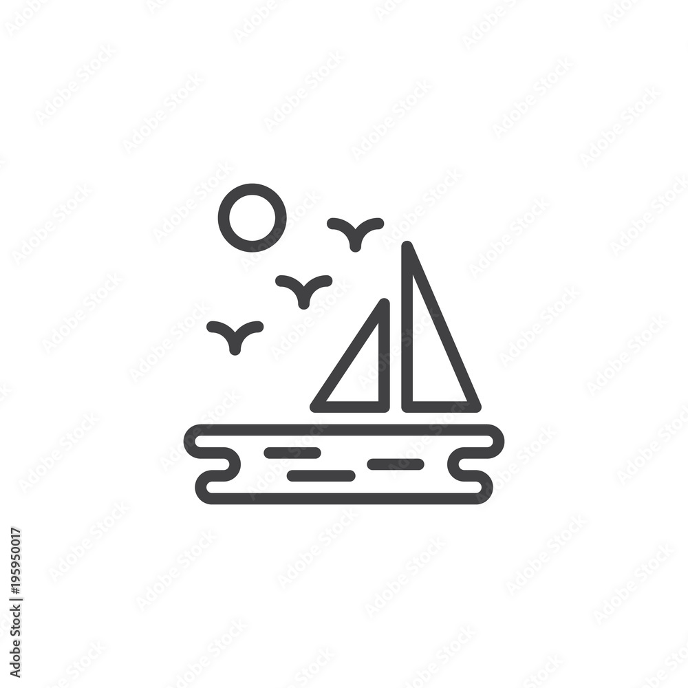 Sea landscape with sailboat flying birds and sun outline icon. linear style sign for mobile concept and web design. Vacation simple line vector icon. Symbol, logo illustration. Sea landscape with sailboat flying birds and sun outline icon. linear style sign for mobile concept and web design. Vacation simple line vector icon. Symbol, logo illustration.