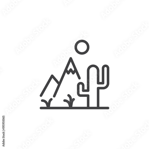 Cactus mountain and sun outline icon. linear style sign for mobile concept and web design. Rocky desert landscape simple line vector icon. Symbol, logo illustration