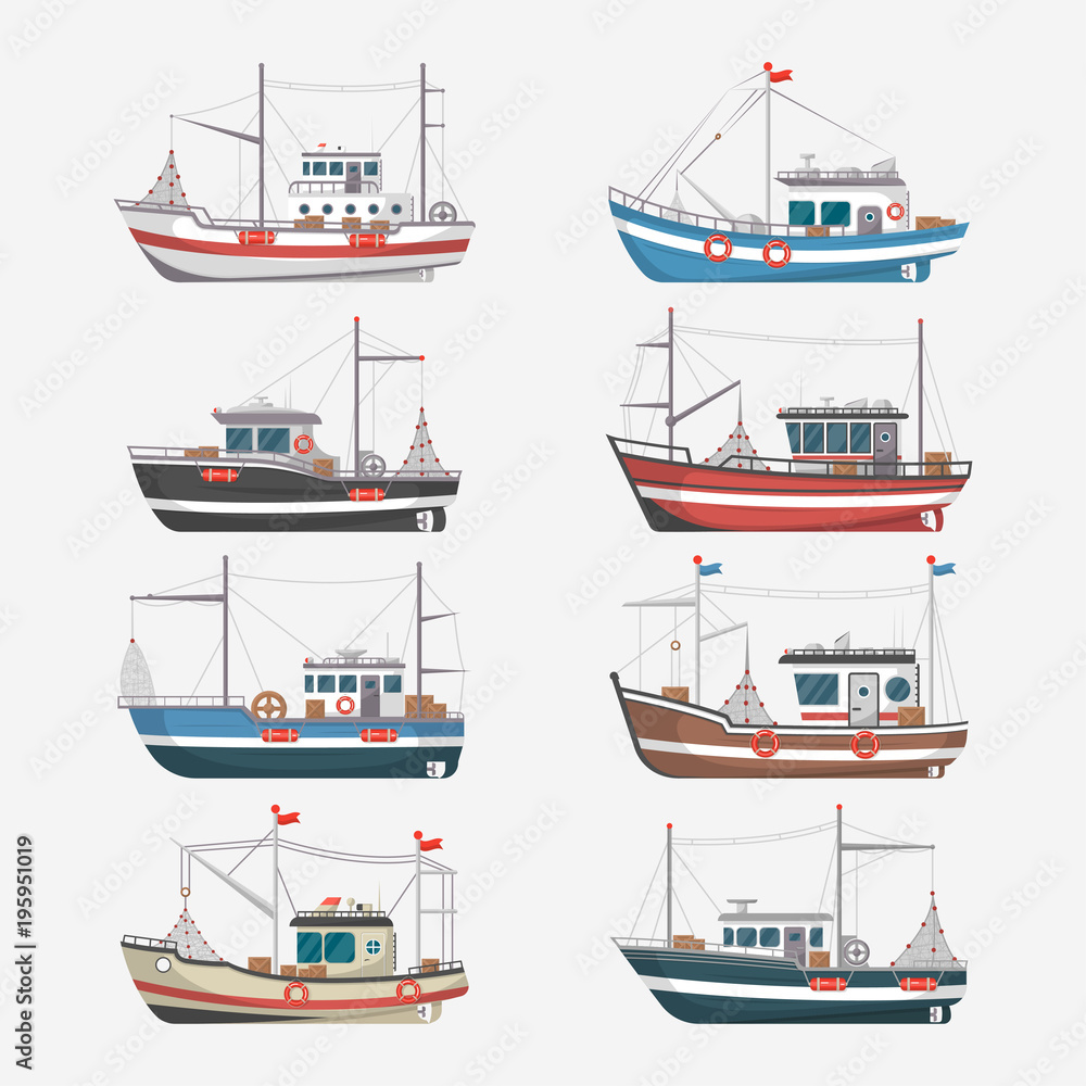 Fishing boats side view isolated set. Commercial fishing trawlers
