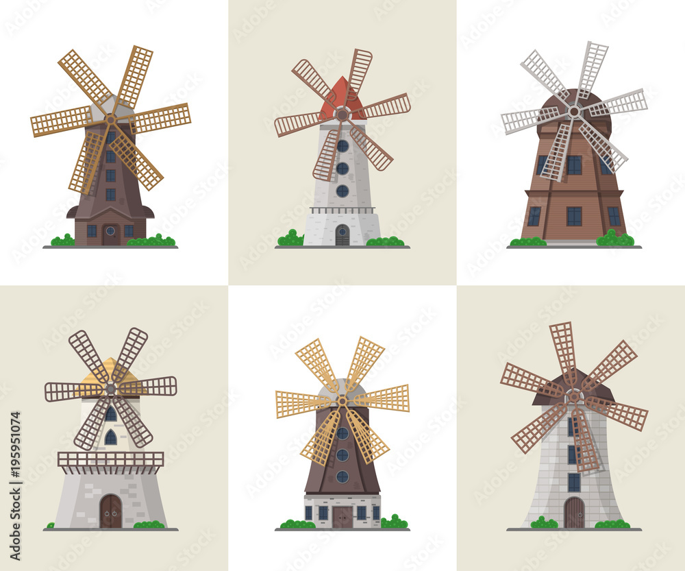 Traditional ancient windmill buildings. Organic agricultural farming and flour production, ecological food manufacturing, clean energy concept. Medieval european travel attraction vector illustration