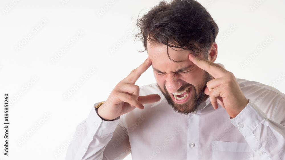 Crisis concept: Overburdened businessman closed eyes with both hands at head and shouting isolated on white background Crisis concept: Overburdened businessman closed eyes with both hands at head and shouting isolated on white background