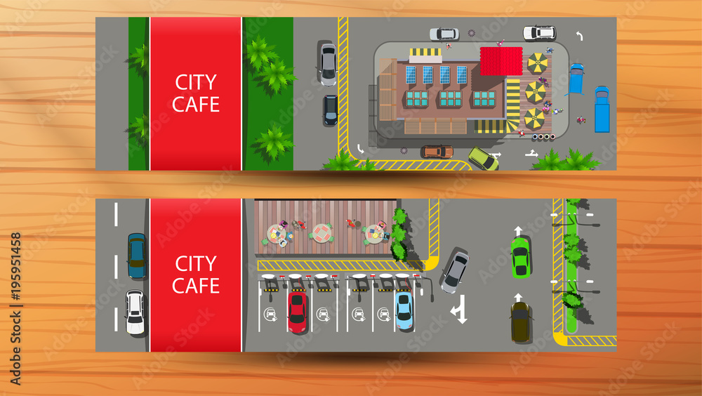 Φωτογραφία Top view fast food cafe near city street with cars